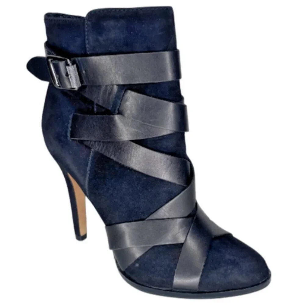 Sam Edelman Navy Suede Strappy Stiletto Ankle Booties Size 6.5